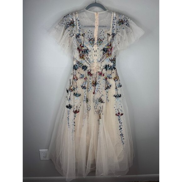 Mac Duggal 20510 Flutter Sleeve High Neck Embellished Tea Length Dress Sz 2 Nude - Picture 5 of 6